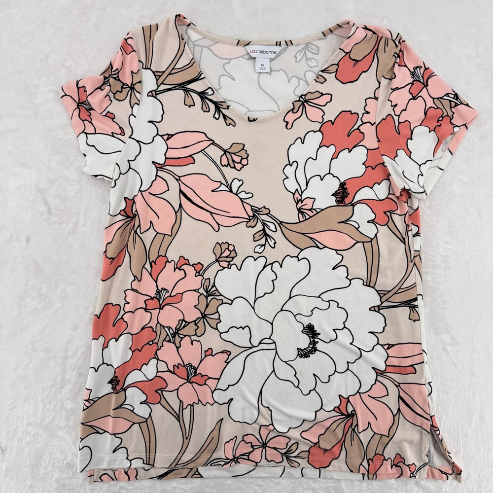 Liz Claiborne Floral Tee Dressy Big Flowers Pink Beige Ivory Cap Sleeve Medium